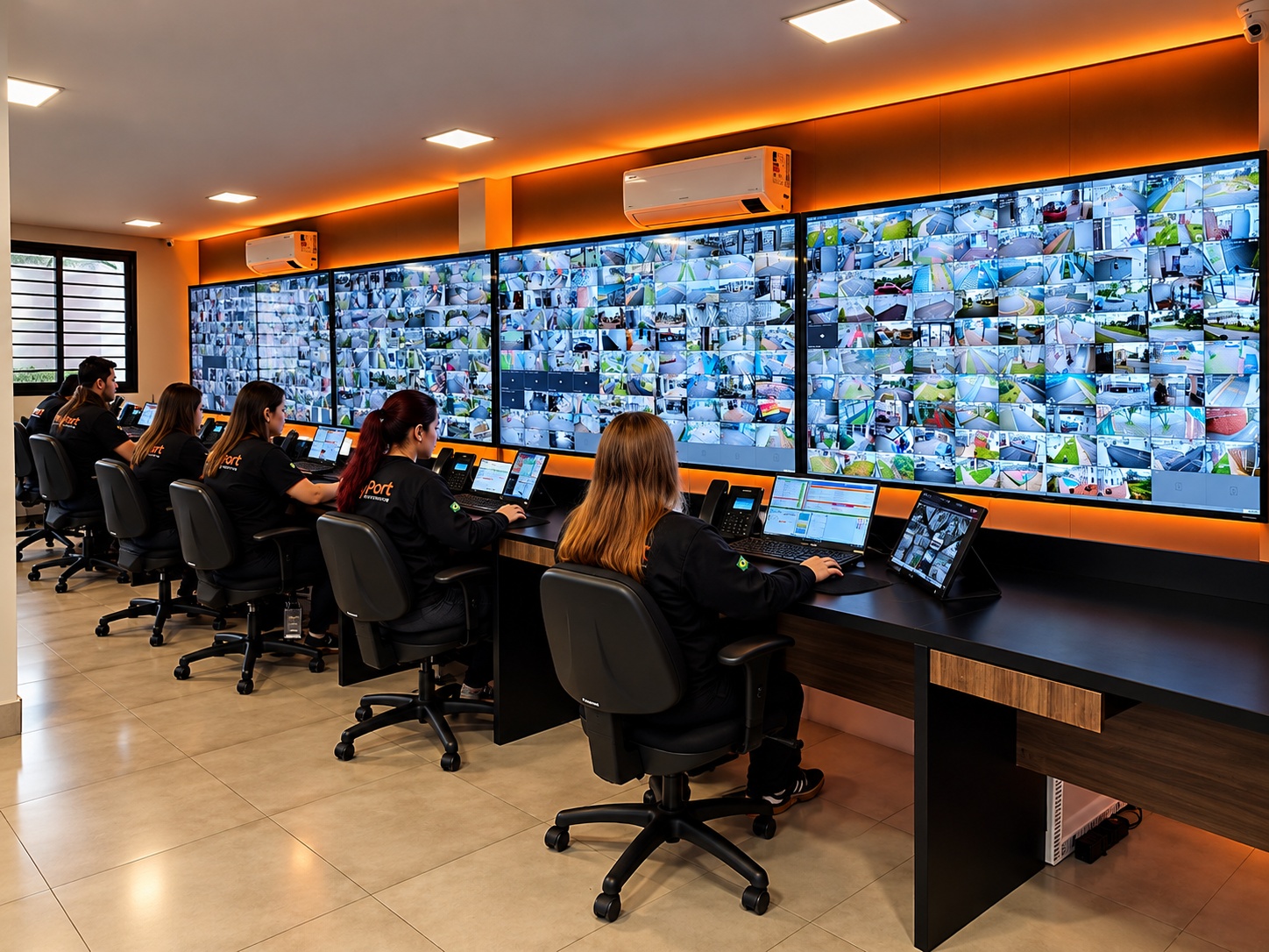 Equipe MyPort na central de operações, com os profissionais e os monitores em visão ampla